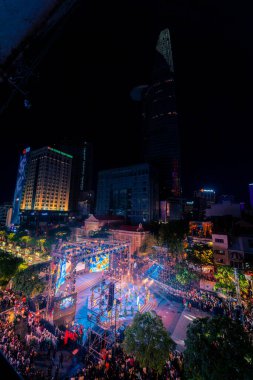 Ho Chi Minh City, Vietnam - 02 Sep, 2022: Vibrant and crowded scene on Nguyen Hue walking street and flower street during Lunar New Year and National Day at downtown of Ho Chi Minh City, Vietnam