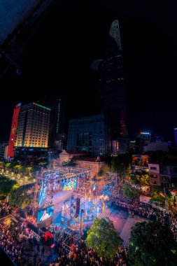 Ho Chi Minh City, Vietnam - 02 Sep, 2022: Vibrant and crowded scene on Nguyen Hue walking street and flower street during Lunar New Year and National Day at downtown of Ho Chi Minh City, Vietnam