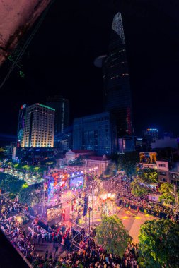 Ho Chi Minh City, Vietnam - 02 Sep, 2022: Vibrant and crowded scene on Nguyen Hue walking street and flower street during Lunar New Year and National Day at downtown of Ho Chi Minh City, Vietnam