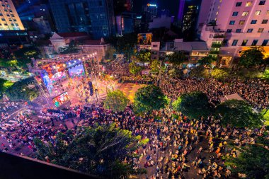 Ho Chi Minh City, Vietnam - 02 Sep, 2022: Vibrant and crowded scene on Nguyen Hue walking street and flower street during Lunar New Year and National Day at downtown of Ho Chi Minh City, Vietnam