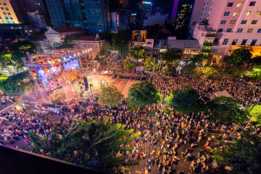 Ho Chi Minh City, Vietnam - 02 Sep, 2022: Vibrant and crowded scene on Nguyen Hue walking street and flower street during Lunar New Year and National Day at downtown of Ho Chi Minh City, Vietnam