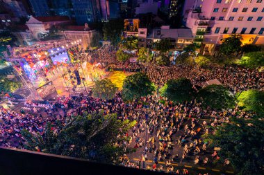 Ho Chi Minh City, Vietnam - 02 Sep, 2022: Vibrant and crowded scene on Nguyen Hue walking street and flower street during Lunar New Year and National Day at downtown of Ho Chi Minh City, Vietnam