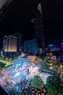 Ho Chi Minh City, Vietnam - 02 Sep, 2022: Vibrant and crowded scene on Nguyen Hue walking street and flower street during Lunar New Year and National Day at downtown of Ho Chi Minh City, Vietnam