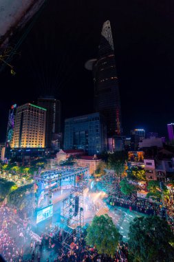 Ho Chi Minh City, Vietnam - 02 Sep, 2022: Vibrant and crowded scene on Nguyen Hue walking street and flower street during Lunar New Year and National Day at downtown of Ho Chi Minh City, Vietnam