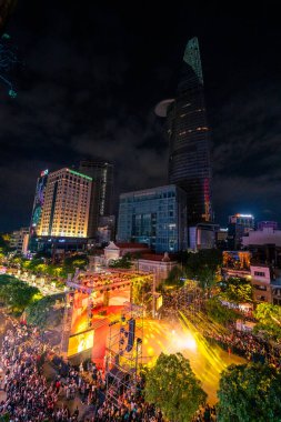 Ho Chi Minh City, Vietnam - 02 Sep, 2022: Vibrant and crowded scene on Nguyen Hue walking street and flower street during Lunar New Year and National Day at downtown of Ho Chi Minh City, Vietnam