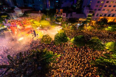 Ho Chi Minh City, Vietnam - 02 Sep, 2022: Vibrant and crowded scene on Nguyen Hue walking street and flower street during Lunar New Year and National Day at downtown of Ho Chi Minh City, Vietnam