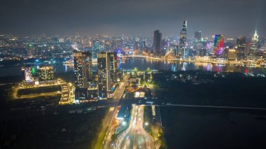 Aerial night view of Ho Chi Minh skyline. Business and landscape concept.