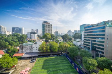 Ho Chi Minh city, Vietnam - 14 Nov 2022: Landmark 81 Skyscraper, view from district 1 in Ho chi minh city skyline, Vietnam. Morning landscape with sun light and cloudy. Travel and business concept.