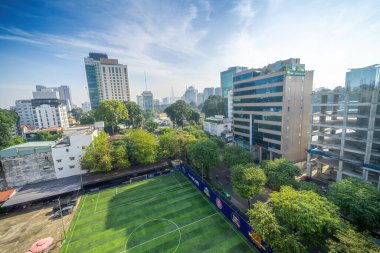 Ho Chi Minh city, Vietnam - 14 Nov 2022: Landmark 81 Skyscraper, view from district 1 in Ho chi minh city skyline, Vietnam. Morning landscape with sun light and cloudy. Travel and business concept.