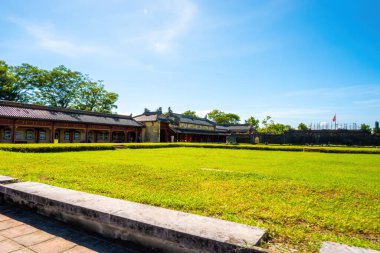 inside of the Hue Citadel in Vietnam. Imperial Palace moat ,Emperor palace complex, Hue city, Vietnam. Travel and landscape concept. Selective focus.