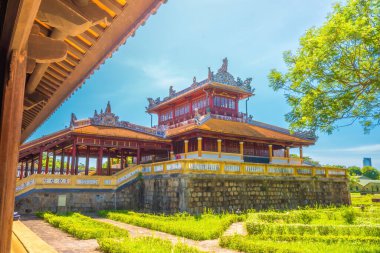 inside of the Hue Citadel in Vietnam. Imperial Palace moat ,Emperor palace complex, Hue city, Vietnam. Travel and landscape concept. Selective focus.