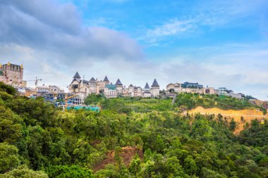 Da Nang, Vietnam - 12 Aug 2022: castle and European style streets in Ba Na Hills Mountain Resort with amusement rides, attractions, restaurants.The famous tourist destination in Da Nang