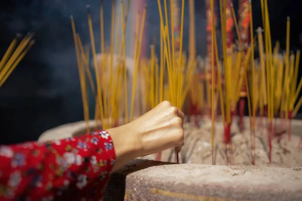Close Hand Holding Incense Background Unspecified Faded Temple Concept Spiritual — Fotografia de Stock