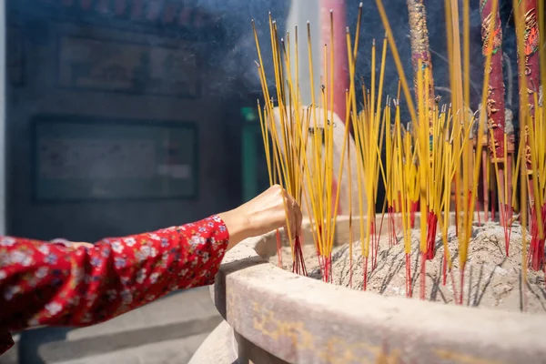 Close Hand Holding Incense Background Unspecified Faded Temple Concept Spiritual — Stockfoto