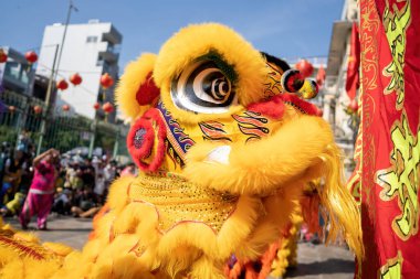 Dragon and lion dance show in chinese new year festival (Tet festival ), lion Dance - dragon and lion dance street performances in Vietnam. Holidays and celebrations concept. Selective focus.