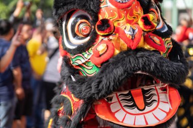 Dragon and lion dance show in chinese new year festival (Tet festival ), lion Dance - dragon and lion dance street performances in Vietnam. Holidays and celebrations concept. Selective focus.