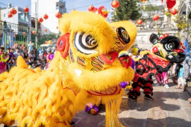 Dragon and lion dance show in chinese new year festival (Tet festival ), lion Dance - dragon and lion dance street performances in Vietnam. Holidays and celebrations concept. Selective focus.
