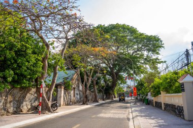 Con Son kasabasındaki kıyı şeridi boyunca uzanan ana yolun manzarası. Con Dao Adası Güney Vietnam 'ın en ünlü yerlerinden biridir. Seyahat ve manzara konsepti.