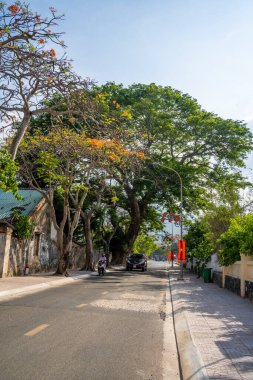 Con Son kasabasındaki kıyı şeridi boyunca uzanan ana yolun manzarası. Con Dao Adası Güney Vietnam 'ın en ünlü yerlerinden biridir. Seyahat ve manzara konsepti.
