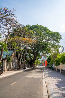 Con Son kasabasındaki kıyı şeridi boyunca uzanan ana yolun manzarası. Con Dao Adası Güney Vietnam 'ın en ünlü yerlerinden biridir. Seyahat ve manzara konsepti.