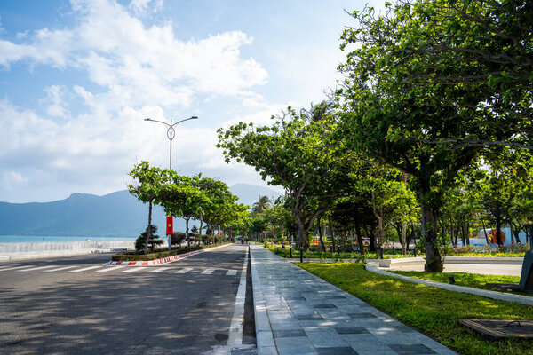 view of main road which leads along the coastline mountains in Con Son town. Con Dao island is one of the famous destinations in southern Vietnam. Travel and landscape concept.