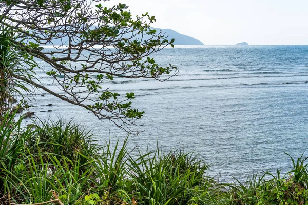 Vietnam 'da barış dolu bir Con Dao adası Vietnam' ın cennet adasıdır. Dalgalı kıyı manzarası, kıyı şeridi, açık gökyüzü ve yol, mavi deniz, turistler ve dağ. Seyahat ve manzara konsepti.