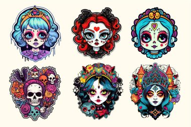 Gotik bir etiket, tapılası ve parlak renkler. Cadılar bayramı için ayrıntılar, balkabağı, kafatası, kale ve cadı, tişört tasarımı, ölü ve Meksika cadılar bayramı. Vektör illüstrasyonu