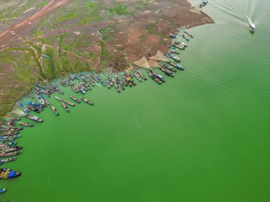 Ben Nom balıkçı köyünün hava manzarası, Tri An Gölü 'ndeki yeşil alg mevsiminin parlak, taze, yeşil bir görüntüsü, pek çok geleneksel balıkçı teknesi demirli. Dong Nai, Vietnam 'da bir yer