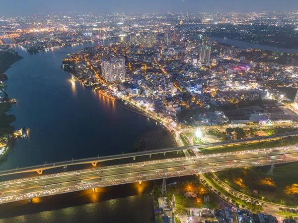 Widok Lotu Ptaka Chi Minh City Wietnam Budynkami Rozwojowymi Transportem — Zdjęcie stockowe