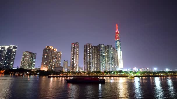 Widok Nocy Sajgonu Wielu Wież Budynków Dróg Thu Thiem Most — Wideo stockowe