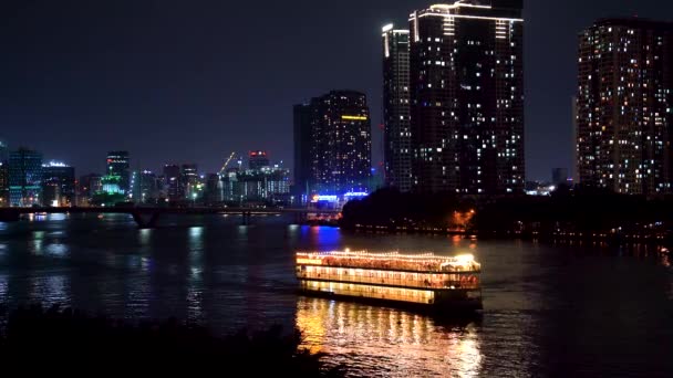 Night View Saigon Many Towers Buildings Roads Thu Thiem Bridge — Stock Video