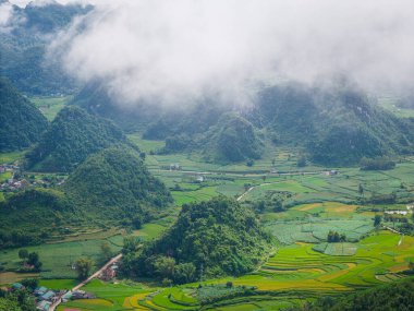 Quay Son nehrindeki hava manzarası, Trung Khanh, Cao Bang, Vietnam doğası, yeşil pirinç tarlaları ve kırsal yerleşim evleri. Seyahat ve manzara konsepti.