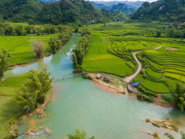 Quay Son nehrindeki hava manzarası, Trung Khanh, Cao Bang, Vietnam doğası, yeşil pirinç tarlaları ve kırsal yerleşim evleri. Seyahat ve manzara konsepti.