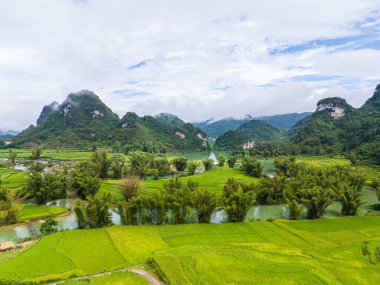 Quay Son nehrindeki hava manzarası, Trung Khanh, Cao Bang, Vietnam doğası, yeşil pirinç tarlaları ve kırsal yerleşim evleri. Seyahat ve manzara konsepti.