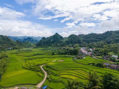 Quay Son nehrindeki hava manzarası, Trung Khanh, Cao Bang, Vietnam doğası, yeşil pirinç tarlaları ve kırsal yerleşim evleri. Seyahat ve manzara konsepti.