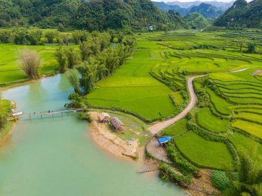 Quay Son nehrindeki hava manzarası, Trung Khanh, Cao Bang, Vietnam doğası, yeşil pirinç tarlaları ve kırsal yerleşim evleri. Seyahat ve manzara konsepti.