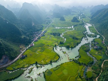 Ngoc Con koğuşundaki dağda şafak manzarası, Trung Khanh kasabası, Cao Bang vilayeti, Vietnam nehir, doğa, yeşil pirinç tarlaları. Ban Gioc şelalesinin yanında. Seyahat ve manzara konsepti.
