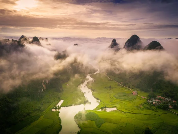 Aerial landscape in Phong Nam valley, an extreme scenery landscape at Cao bang province, Vietnam with river, nature, green rice fields. Travel and landscape concept.