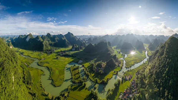 Aerial landscape in Phong Nam valley, an extreme scenery landscape at Cao bang province, Vietnam with river, nature, green rice fields. Travel and landscape concept.
