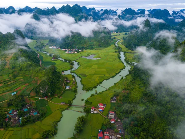 Phong Nam Vadisi 'ndeki hava manzarası Cao Bang Vilayeti, Vietnam' da nehir, doğa, yeşil pirinç tarlaları olan aşırı manzaralı bir yer. Seyahat ve manzara konsepti.