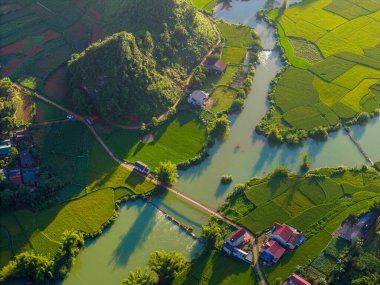 Phong Nam Vadisi 'ndeki hava manzarası Cao Bang Vilayeti, Vietnam' da nehir, doğa, yeşil pirinç tarlaları olan aşırı manzaralı bir yer. Seyahat ve manzara konsepti.