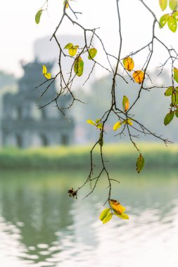 Hoan Kiem Gölü (Ho Guom) ya da Sword Gölü sabah sisli havada Hanoi 'nin merkezinde. Hoan Kiem Gölü Hanoi 'de ünlü bir turistik yerdir. Seyahat ve manzara konsepti. Seçici odak.