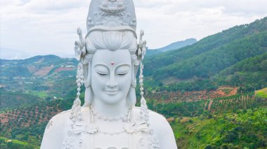 Linh An Pagoda 'nın havadan görünüşü, DaLat şehri, Lam Dong bölgesi, Vietnam. Beyaz ve 71 metre yüksekliğinde bir heykel, Thac Voi yakınlarında - Fil şelalesi, orman ve şehir manzarası.
