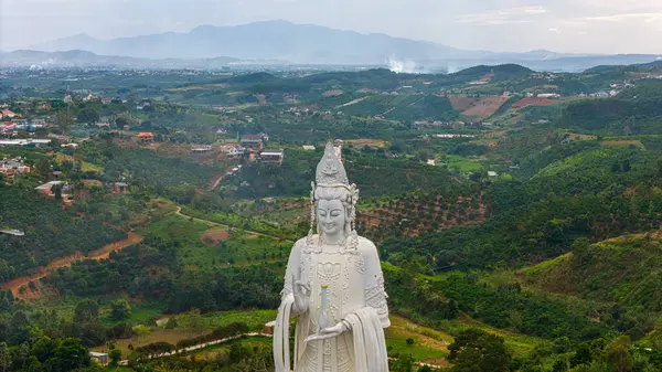 Linh An Pagoda 'nın havadan görünüşü, DaLat şehri, Lam Dong bölgesi, Vietnam. Beyaz ve 71 metre yüksekliğinde bir heykel, Thac Voi yakınlarında - Fil şelalesi, orman ve şehir manzarası.