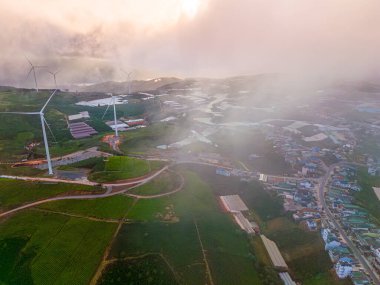 Sabahleyin, Da Lat şehri, Cau Dat, Lam Dong 'da güzel bir manzara. Çay tepesinde rüzgar enerjisi, çayın yamacında sabah manzarası güzel vadinin altındaki sisli dağlarda ekilmiş.