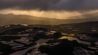 Sabahleyin, Da Lat şehri, Cau Dat, Lam Dong 'da güzel bir manzara. Çay tepesinde rüzgar enerjisi, çayın yamacında sabah manzarası güzel vadinin altındaki sisli dağlarda ekilmiş.