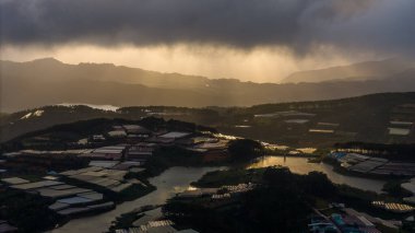 Sabahleyin, Da Lat şehri, Cau Dat, Lam Dong 'da güzel bir manzara. Çay tepesinde rüzgar enerjisi, çayın yamacında sabah manzarası güzel vadinin altındaki sisli dağlarda ekilmiş.