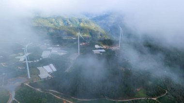 Sabahleyin, Da Lat şehri, Cau Dat, Lam Dong 'da güzel bir manzara. Çay tepesinde rüzgar enerjisi, çayın yamacında sabah manzarası güzel vadinin altındaki sisli dağlarda ekilmiş.