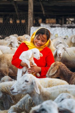 Kırsalda kuzusu olan Vietnamlı bir kadın, Vietnam 'ın Ninh Thuan eyaletinde bozkırda bir koyun çiftliği. Seyahat kavramı.