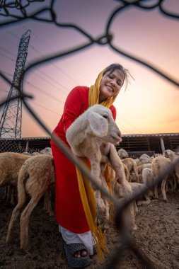 Kırsalda kuzusu olan Vietnamlı bir kadın, Vietnam 'ın Ninh Thuan eyaletinde bozkırda bir koyun çiftliği. Seyahat kavramı.